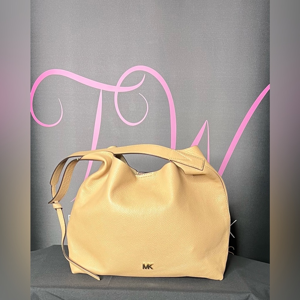 Michael Kors Junie Camel Tan Pebbled Leather Medium Hobo Shoulder Handbag